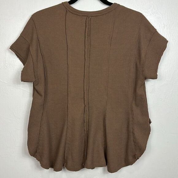 Altar’d State Brown Cotton Blend Waffle Knit Expose Seams Short Sleeve Shirt S - Picture 3 of 8